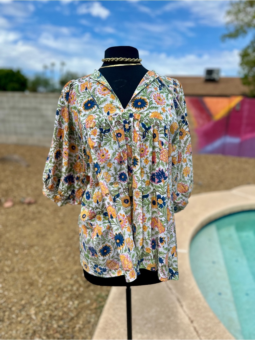 MILLE Thalia Floral Block Print Cotton Tunic Blouse